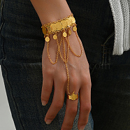 Brass Coin Charm Bracelet with Chains, Adjustable Ring Bracelet, Real 18K Gold Plated, 7-1/8 inch(18cm)(CE3750)