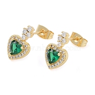 Brass Micro Pave Clear Cubic Zirconia Studs Earring for Women, Heart, Green, Real 18K Gold Plated, 14.5x9mm(EJEW-S225-16G)