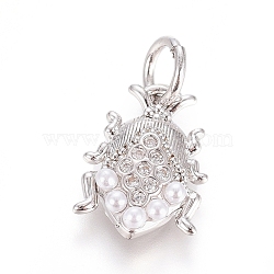 Brass Micro Pave Cubic Zirconia Pendants, Long-Lasting Plated, with Shell Pearl and Jump Ring, Insect, Clear, Real Platinum Plated, 12x8.5x2.5mm, Hole: 3.5mm(ZIRC-G166-05P)