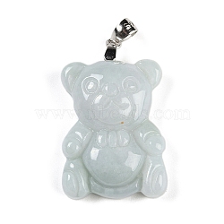 Natural Jadeite Carved Pendants, Bear Charms with Rhodium Plated 925 Sterling Silver Snap on Bails, 25x16x6mm, Hole: 3.5x3mm(G-F768-02)