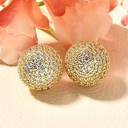 Half Round Brass Micro Pave Clear Cubic Zirconia Stud Earrings, Rack Plating, Long-Lasting Plated, Cadmium Free & Lead Free, Real 18K Gold Plated, 15.5mm(EJEW-C126-05G)