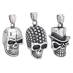3Pcs 3 Style 304 Stainless Steel Pendants, Skull, Antique Silver, 35.5~40.5x19~24x12.5~15mm, Hole: 6mm, 1pc/style(STAS-UN0037-56)