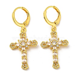 Real 18K Gold Plated Brass Dangle Leverback Earrings, with Glass, Cross, Clear, 38x16mm(EJEW-A033-03G-04)