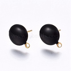 Ion Plating(IP) 304 Stainless Steel Stud Earring Findings, with Loop, Enamel, Flat Round, Golden, Black, 12.5x10x2mm, Hole: 1.2mm, Pin: 0.8mm(X-STAS-P203-A02-02)