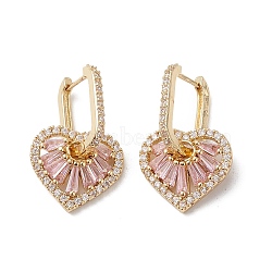 Heart Cubic Zirconia Hoop Earrings, Real 16K Gold Plated Brass Dangle Earrings for Women, Pink, 26mm, Pin: 0.7mm(EJEW-M216-06B)