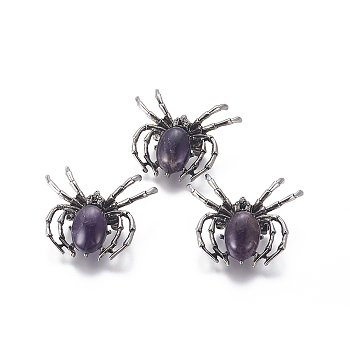 Natural Amethyst Brooch, with Alloy Findings and Glass, Spider, Antique Silver, 34~35x41~42x7mm, Hole: 3x5mm