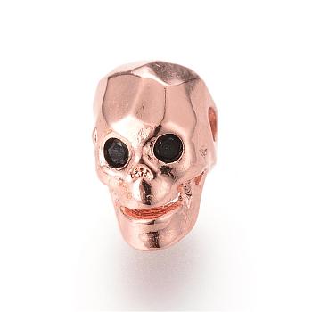 Brass Micro Pave Cubic Zirconia Beads, Skull, Rose Gold, 12x7.5x9mm, Hole: 2mm