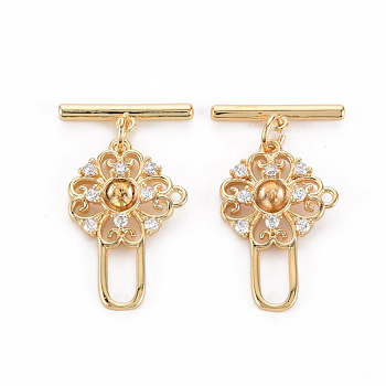Brass Micro Pave Clear Cubic Zirconia Peg Bails Toggle Clasps, for Half Drilled Bead, Nickel Free, Flower & Bar, Real 18K Gold Plated, Flower: 23x15x3mm, pin: 0.7mm, hole: 1.2mm and 7.5x3.5mm, Bar: 4x17x2mm, Jump Ring: 5x0.8mm, inner diameter: 3.4mm