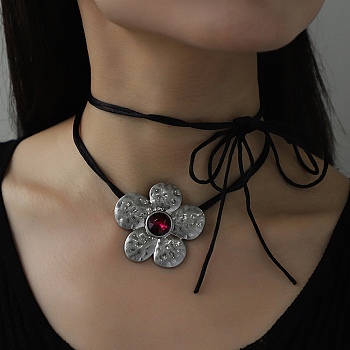 Alloy Rhinestone Pendant Necklaces, Nylon Cord for Women, Flower, 44.69 inch(113.5cm)