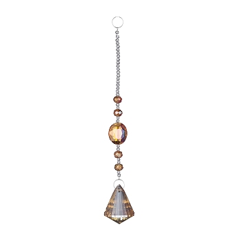 Crystal Teardrop Beaded Wall Hanging Decoration Pendant Decoration, Hanging Suncatcher, with Iron Ring and Glass Beads, Sandy Brown, 220mm, Pendant: 42x32mm