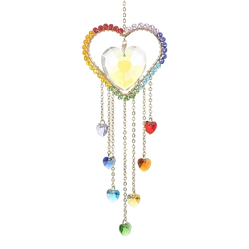 Glass Heart Pendant Decoration, Hanging Suncatchers, with 304 Stainless Steel Split Rings, for Home Decoration, Colorful, 217mm, Hole: 10mm