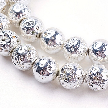 Electroplated Natural Lava Rock Bead Strands, Round, Bumpy, Silver Plated, 8~8.5mm, Hole: 1mm, about 47pcs/strand, 15.35 inch(39cm)