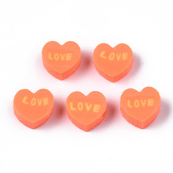 Handmade Polymer Clay Beads, Heart with Word Love, Coral, 8~8.5x9~9.5x4.5mm, Hole: 1.8mm