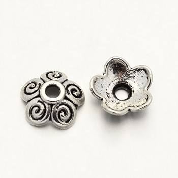 Tibetan Style 5-Petal Zinc Alloy Bead Caps, Antique Silver, 10x3.5mm, Hole: 2mm