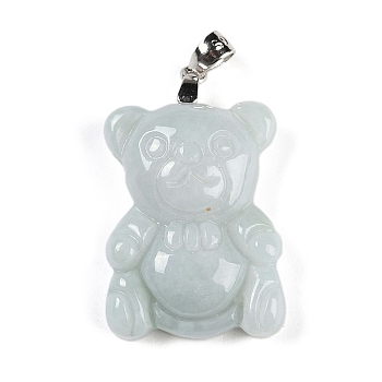 Natural Jadeite Carved Pendants, Bear Charms with Rhodium Plated 925 Sterling Silver Snap on Bails, 25x16x6mm, Hole: 3.5x3mm