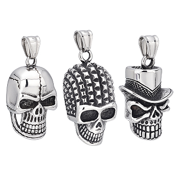 3Pcs 3 Style 304 Stainless Steel Pendants, Skull, Antique Silver, 35.5~40.5x19~24x12.5~15mm, Hole: 6mm, 1pc/style