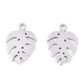 Non-Tarnish 304 Stainless Steel Charms, Tropical Leaf Charms, Monstera Leaf, Stainless Steel Color, 13x9x1mm, Hole: 1mm