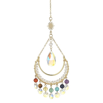 Chakra Gemstone & Brass Moon Pendant Decorations, with Glass Teardrop Charm, for Home Decorations, 245mm