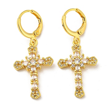 Real 18K Gold Plated Brass Dangle Leverback Earrings, with Glass, Cross, Clear, 38x16mm