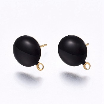 Ion Plating(IP) 304 Stainless Steel Stud Earring Findings, with Loop, Enamel, Flat Round, Golden, Black, 12.5x10x2mm, Hole: 1.2mm, Pin: 0.8mm