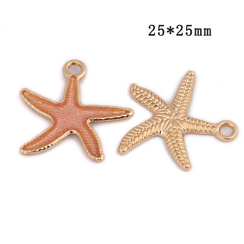 Alloy Enamel Pendants, Starfish Shape, Cadmium Free & Lead Free, Light Gold, Pink, 25x25mm, Hole: 2.5mm