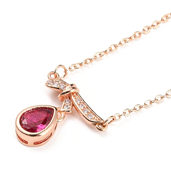 Bowknot with Teardrop Cubic Zirconia Pendant Necklace with Brass Cable Chains, Rose Gold, 16.73~16.81 inch(42.5~42.7cm)