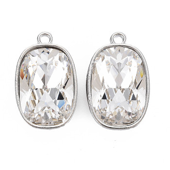 Faceted Glass Pendants, with Alloy Open Back Settings, Oval, Cadmium Free & Lead Free, Clear, Platinum, 34x21x11mm, Hole: 3mm