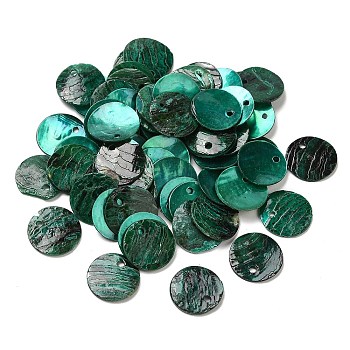 Spray Painted Natural Akoya Shell Charms, Mother of Shell, Flat Round Charms, Sea Green, 13x1.5mm, Hole: 1mm