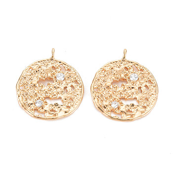 Brass Micro Pave Clear Cubic Zirconia Pendants, Nickel Free, Textured, Flat Round, Real 18K Gold Plated, 21x18x2mm, Hole: 1.8mm