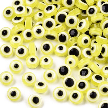 Resin Beads, Flat Round, Evil Eye, Champagne Yellow, 6x4mm, Hole: 1.5mm