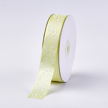 Single Face Satin Ribbon, Polyester Ribbon, Flower Pattern, Green Yellow, 1 inch(25mm), about 50yards/roll(45.72m/roll)