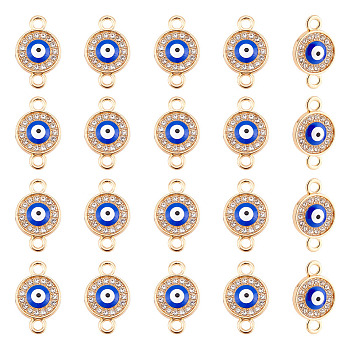 50Pcs Alloy Connector Charms, with Crystal Rhinestone and Blue Enamel, Flat Round with Evil Eye, Light Gold, 19.5x12x3.5mm, Hole: 2mm