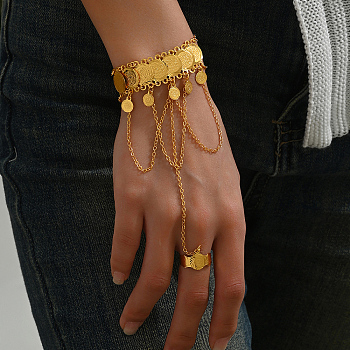 Brass Coin Charm Bracelet with Chains, Adjustable Ring Bracelet, Real 18K Gold Plated, 7-1/8 inch(18cm)