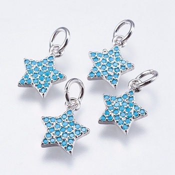 Brass Micro Pave Cubic Zirconia Charms, Cadmium Free & Lead Free, Star, Real Platinum Plated, 11x8.5x1mm, Hole: 3mm