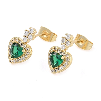 Brass Micro Pave Clear Cubic Zirconia Studs Earring for Women, Heart, Green, Real 18K Gold Plated, 14.5x9mm