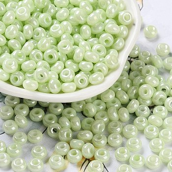 Glass Seed Beads, Opaque Colours Luster, Round, Pale Green, 5~5.5x3~3.5mm, Hole: 1.5~1.6mm, about 3488pcs/pound
