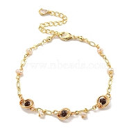 Faceted Rondelle Natural Dyed Red Crystal Link Bracelets, Natural Pearl Brass Chain Braclets for Women, Real 14K Gold Plated, 6.69 inch(170mm)(BJEW-M315-01G)