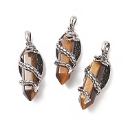 Natural Tiger Eye Pointed Pendants, Faceted Bullet Charms with Antique Silver Tone Alloy Dragon Wrapped, 47.5x19x18.5mm, Hole: 7.5x6mm(G-C051-01J)