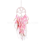 Tree of Life Natural Rose Quartz Chip Woven Web/Net with Feather Hanging Ornaments, Iron Ring for Home Living Room Bedroom Wall Decorations, Pink, 730mm(HJEW-G025-04)