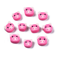 Handmade Polymer Clay Beads, Pig, Hot Pink, 7.5~9.5x8.5~10.5x4mm, Hole: 1.5mm(CLAY-N011-028)