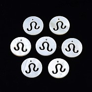 Natural Freshwater Shell Charms, Flat Round with Twelve Constellations, Hollow, Leo, 12x1.5mm, Hole: 0.9mm(SHEL-N027-10D)