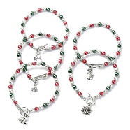 Colorful Glass Pearl Round Beaded Stretch Bracelet, with Christmas Theme Tibetan Style Alloy Charms, Mixed Shapes, 9-3/4 inch(24.8cm)(BJEW-JB09783)