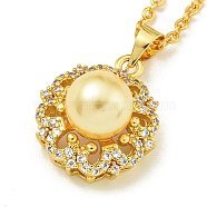 Ion Plating(IP) 304 Stainless Steel Cable Chain Necklaces, Brass Clear Cubic Zirconia Round Pendant Necklaces, with Imitation Pearl, Golden, 17.52 inch(44.5cm)(NJEW-H040-04G)