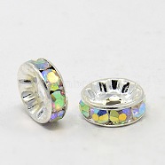 Brass Grade A Rhinestone Spacer Beads, Silver Color Plated, Nickel Free, Crystal AB, 10x4mm, Hole: 2mm(RSB039NF-02)