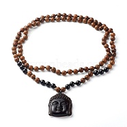 Natural Ice Crystal Obsidian Buddha Head Pendant Necklaces, with Natural Wenge Wood & Natural Obsidian Round Beads, Coconut Brown, 42.52 inch(108cm)(NJEW-JN03644)