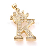 Brass Micro Pave Cubic Zirconia Pendants, Long-Lasting Plated, with Snap on Bail, Letter.K with Crown, Real 18K Gold Plated, Clear, Letter.K, K: 28x20x4mm, Hole: 3x4mm(KK-R138-002K)