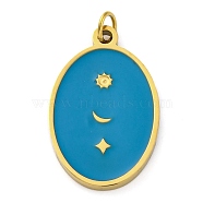 Ion Plating(IP) 304 Stainless Steel Enamel Pendants, with Jump Ring, Manual Polishing, Oval with Sun & Star & Moon Charm, Real 18K Gold Plated, Dodger Blue, 21x13x1.4mm, Hole: 2.5mm(STAS-Z104-04G)