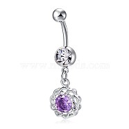 Piercing Jewelry, Brass Cubic Zirconia Navel Ring, Navel Ring Belly Rings, with 304 Stainless Steel Bar, Lead Free & Cadmium Free, Flower, Platinum, Purple, 42x9.5mm, Bar Length: 3/8"(10mm), Bar: 14 Gauge(1.6mm)(AJEW-EE0006-20B)
