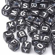 Opaque Horizontal Hole Acrylic Beads, Mixed Letters, Cube, Black & White, Letter, 5x5x5mm, Hole: 2mm, about 5000pcs/500g(SACR-N002-01)