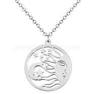 Titanium Steel Celestial Sun Moon and Star Pendant Necklace, Lucky Motif Amulet Necklace, Flat Round Hollow Necklace Jewelry Gift for Women, Stainless Steel Color, 17.72 inch(45cm)(JN1058A)